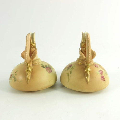 1454 - Royal Worcester a pair of blush ewers, 1898, squat form, dragon handle, shape 1048, painted floral s... 