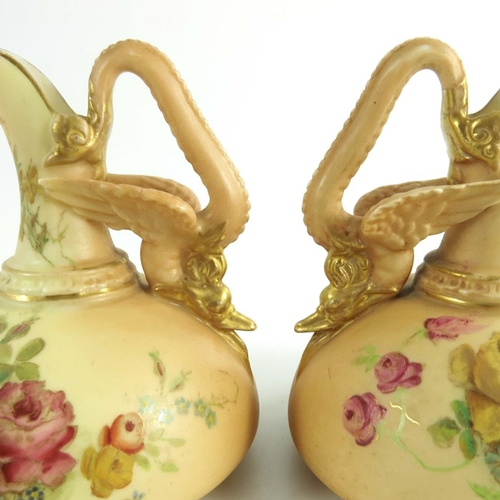 1454 - Royal Worcester a pair of blush ewers, 1898, squat form, dragon handle, shape 1048, painted floral s... 