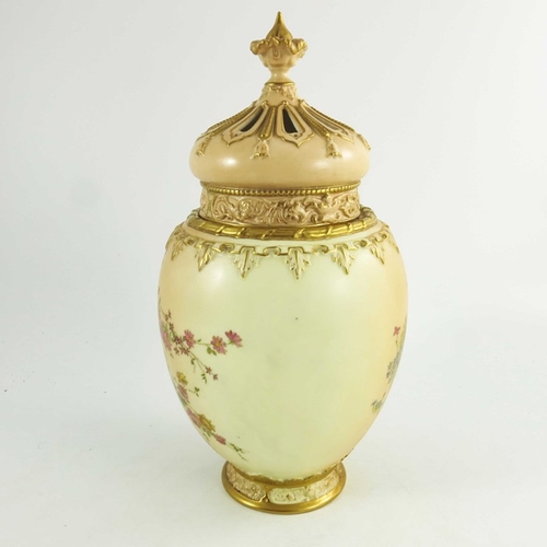 1457 - A Royal Worcester blush ivory ground ovoid pot pourri jar and cover, complete with inner cover and d... 