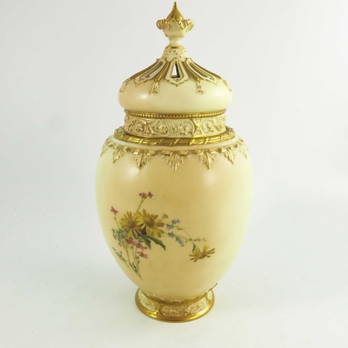 1457 - A Royal Worcester blush ivory ground ovoid pot pourri jar and cover, complete with inner cover and d... 