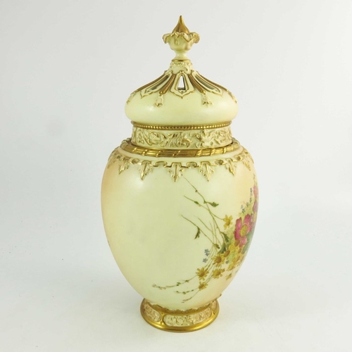 1457 - A Royal Worcester blush ivory ground ovoid pot pourri jar and cover, complete with inner cover and d... 