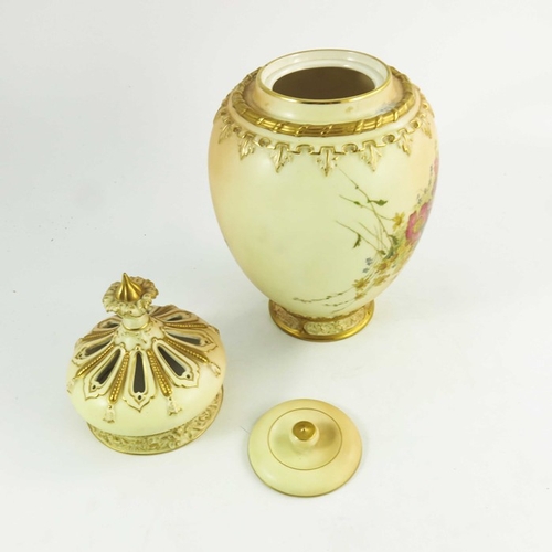 1457 - A Royal Worcester blush ivory ground ovoid pot pourri jar and cover, complete with inner cover and d... 