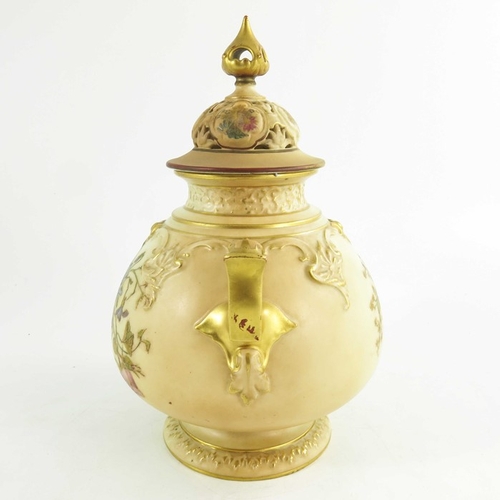 1458 - A Royal Worcester blush ivory ground globular pot pourri two handled jar and cover, decorated with d... 