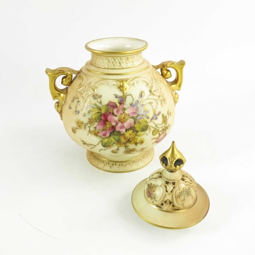 1458 - A Royal Worcester blush ivory ground globular pot pourri two handled jar and cover, decorated with d... 