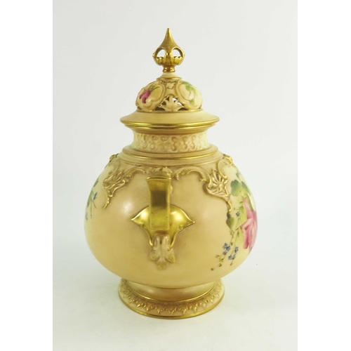 1459 - A Royal Worcester blush ivory ground globular pot pourri two handled jar and cover, decorated with r... 