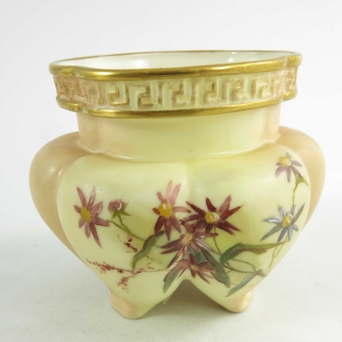 1460 - A pair of Royal Worcester miniature blush ivory ground two handled vases, florally decorated with th... 