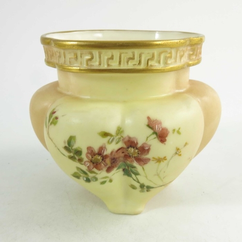 1460 - A pair of Royal Worcester miniature blush ivory ground two handled vases, florally decorated with th... 