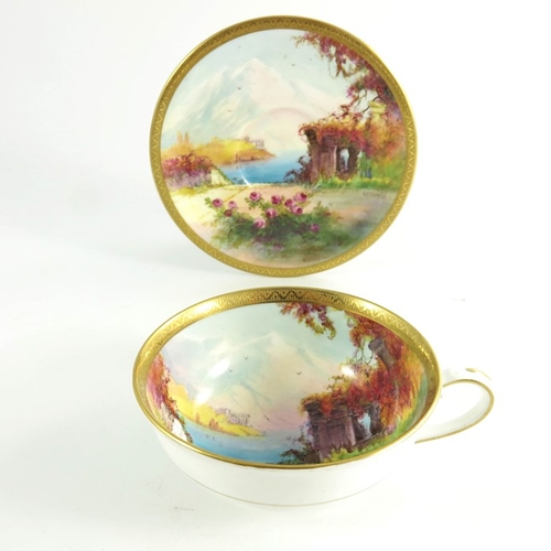 1464 - G H Evans for Royal Worcester, Italian lake scene painted cup and saucer, 1936, 5.5cm high