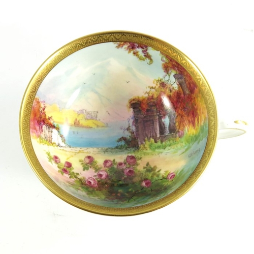 1464 - G H Evans for Royal Worcester, Italian lake scene painted cup and saucer, 1936, 5.5cm high