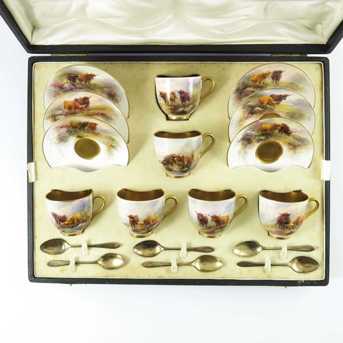 1495 - Harry Stinton for Royal Worcester, a boxed set of six Highland Cattle painted cups and saucers, 1924... 