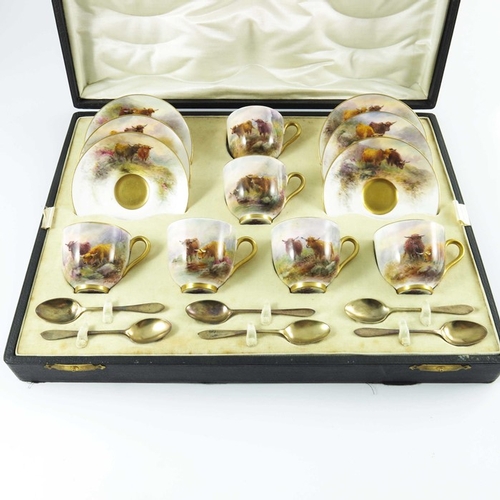 1495 - Harry Stinton for Royal Worcester, a boxed set of six Highland Cattle painted cups and saucers, 1924... 