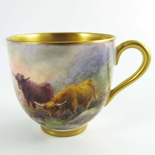 1495 - Harry Stinton for Royal Worcester, a boxed set of six Highland Cattle painted cups and saucers, 1924... 