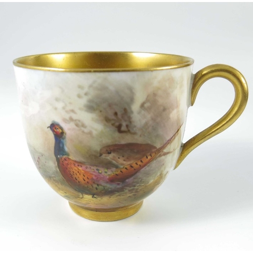 1496 - James Stinton for Royal Worcester, a boxed set of six Pheasant painted cups and saucers, 1926, each ... 