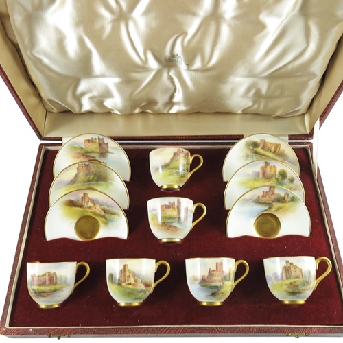 1497 - John Stinton for Royal Worcester, a boxed set of six Castle painted cups and saucers, 1938, each pai... 