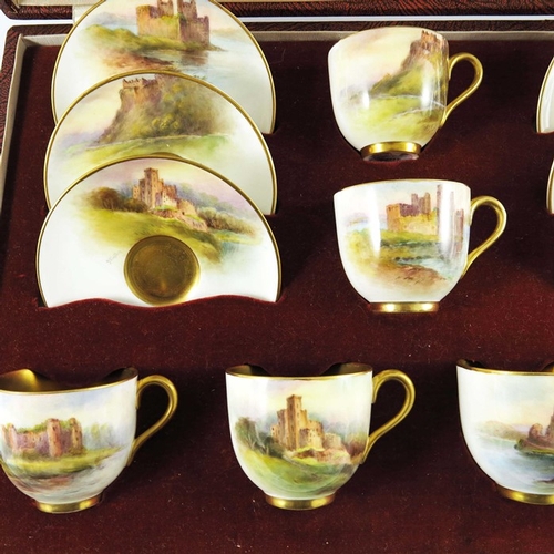 1497 - John Stinton for Royal Worcester, a boxed set of six Castle painted cups and saucers, 1938, each pai... 