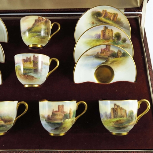 1497 - John Stinton for Royal Worcester, a boxed set of six Castle painted cups and saucers, 1938, each pai... 