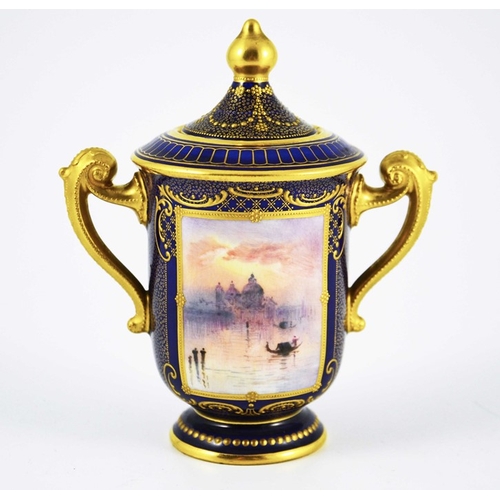 1503 - J H Plant for Royal Doulton, a scene painted vase and cover, twin handled footed urn form, views of ... 