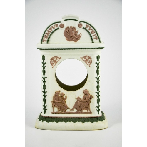 1514 - A Wedgwood tri colour Jasperware clock case, purple and green on white, 19th century, Tempus Fugit, ... 