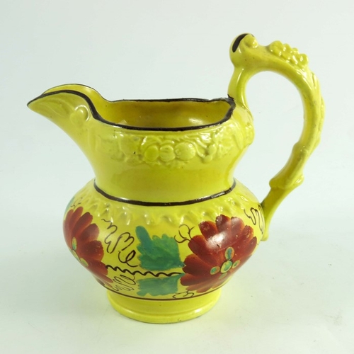 1527 - A Staffordshire canary yellow jug, circa 815, double gourd form, relief moulded with fruiting vines ... 