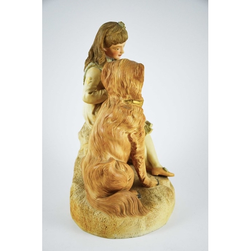 1542 - A tinted bisque figure group of a girl with a pug dog on her knee and a larger dog by her side, enti... 