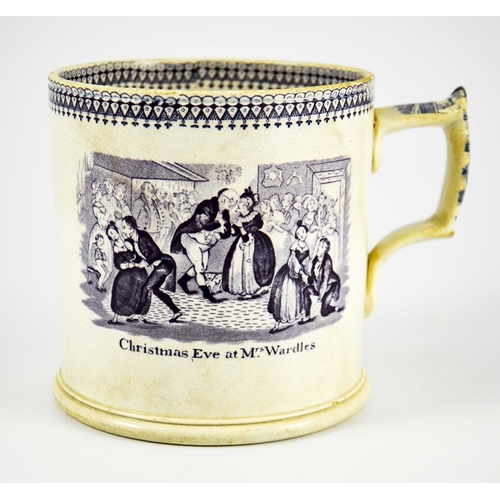 1547 - A 19th century Staffordshire porter mug, transfer printed with scenes from Pickwick Papers, Christma... 