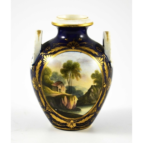 1548 - A Derby porcelain vase, circa 1810, twin handled shouldered form, painted with a landscape vignette,... 