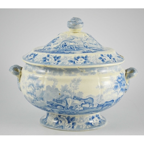 1549 - A Staffordshire Blue and White Tureen and Cover, transfer printed 'Cows' pattern, circa 1830-40, the... 