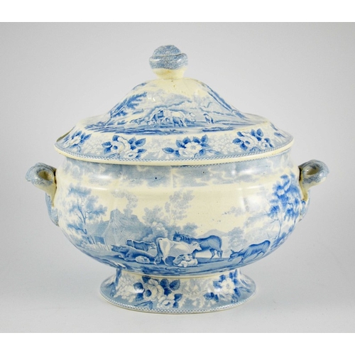 1549 - A Staffordshire Blue and White Tureen and Cover, transfer printed 'Cows' pattern, circa 1830-40, the... 