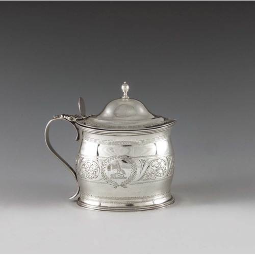 2053 - Abstinando King, London 1799, a George III silver mustard pot, bright cut oval ogee cylinder form, d... 