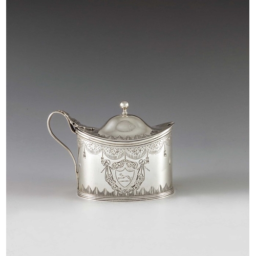 2054 - Robert Hennell, London 1790, a George III silver mustard pot, straight sided oval form, bright cut t... 