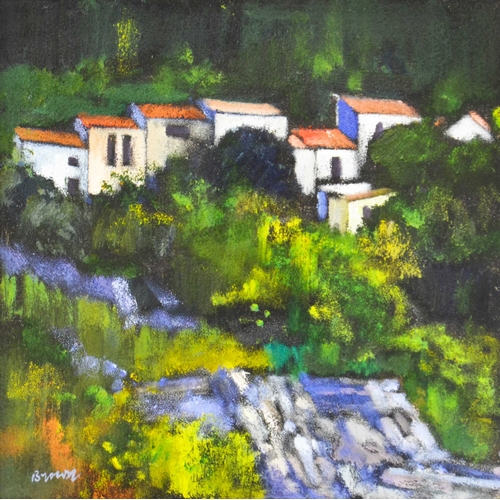 334 - † Davy Brown (b.1950), Houses on the Hill, oil on board, signed, dated 2003 verso, 29cm x 29cm, fram... 