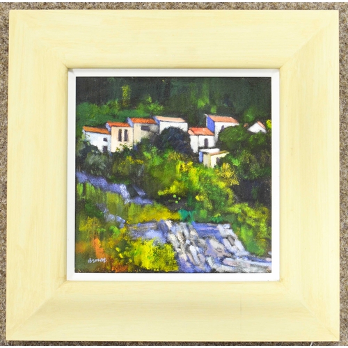 334 - † Davy Brown (b.1950), Houses on the Hill, oil on board, signed, dated 2003 verso, 29cm x 29cm, fram... 