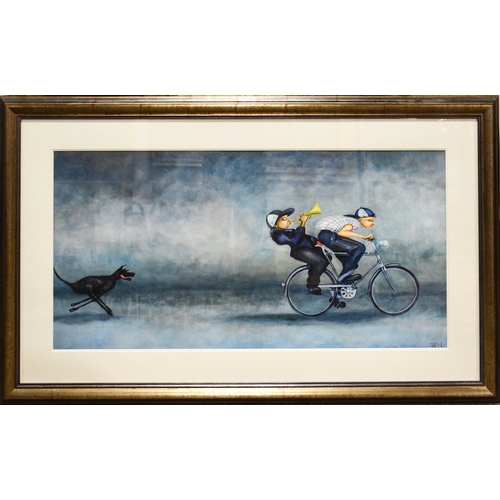 335 - † Lynn Poland (20th century), Sparky Gives Chase, watercolour, monogrammed, 56cm x 112cm, framed