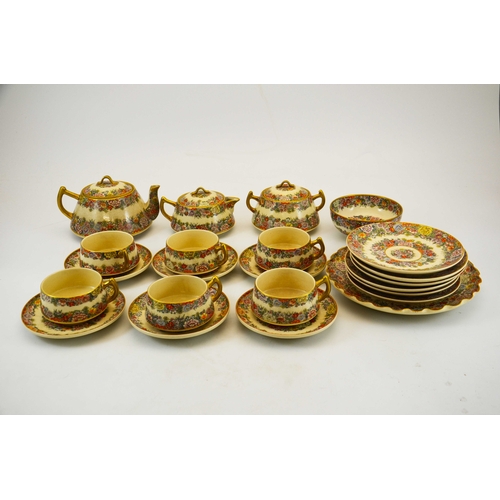 407 - A Japanese Satsuma tea set, Meiji, including teapot, milk jug, sugar pot, six cups and saucers and s... 