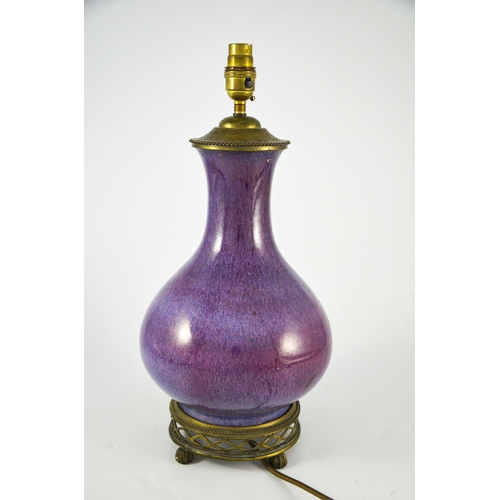 409 - A Chinese monochrome vase converted to a lamp base, purple glazed, mounted in metal, 44cm high