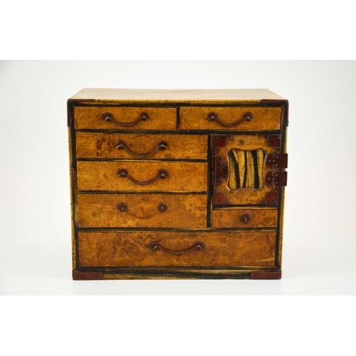 445 - A Japanese burr wood miniature chest of drawers, Meiji, with copper angles and straps, 33cm wide, 29... 