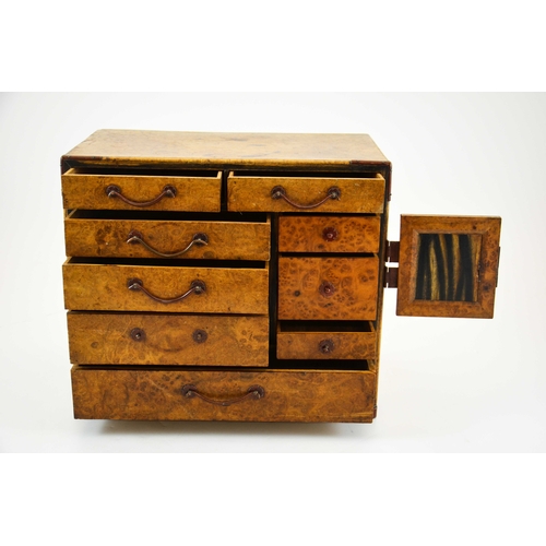 445 - A Japanese burr wood miniature chest of drawers, Meiji, with copper angles and straps, 33cm wide, 29... 