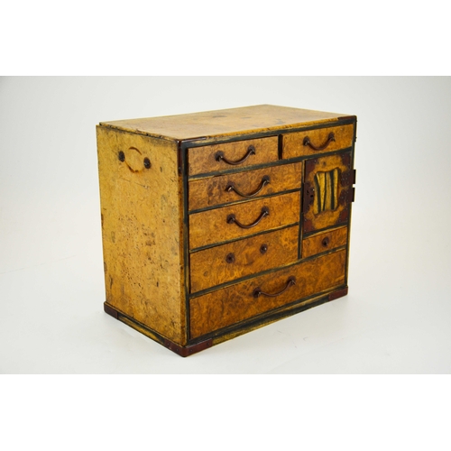 445 - A Japanese burr wood miniature chest of drawers, Meiji, with copper angles and straps, 33cm wide, 29... 