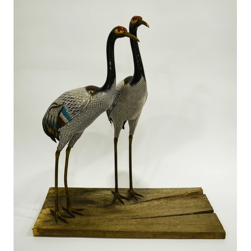 477 - A Pair of Large Chinese Cloisonné Enamel Models of Cranes, circa 20th century, each with long gilt c... 