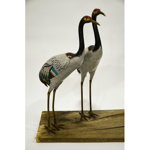 477 - A Pair of Large Chinese Cloisonné Enamel Models of Cranes, circa 20th century, each with long gilt c... 