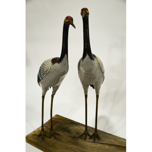 477 - A Pair of Large Chinese Cloisonné Enamel Models of Cranes, circa 20th century, each with long gilt c... 