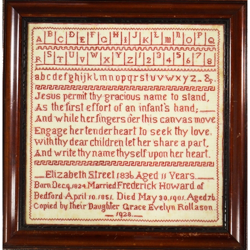 502 - A verse sampler by Elizabeth Street, aged 11, 1836, copied by her daughter Grace Evelyn Rollason in ... 