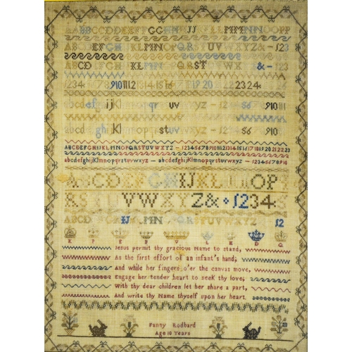 506 - An alphabet sampler by Fanny Rodbard, aged 10, circa 1800, decorated with a row of coronet, framed, ... 