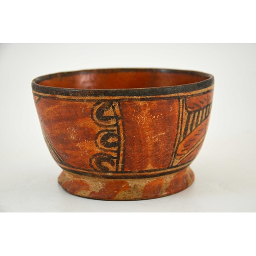 539 - A pre-Columbian earthenware bowl, footed form, painted with wild animals, 16.5cm wide