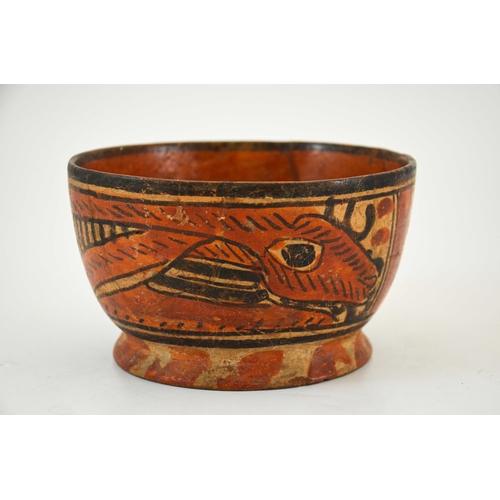 539 - A pre-Columbian earthenware bowl, footed form, painted with wild animals, 16.5cm wide