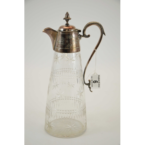 6 - A Victorian silver plate and cut glass claret jug, the conical body with hobnail and mitre cut bandi... 