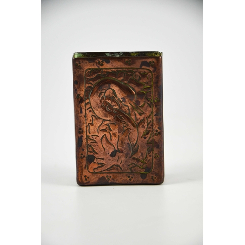 618 - An Arts and Crafts copper matchbox holder, repousse decorated with a phoenix in flames, 7.5cm x 5.5c... 