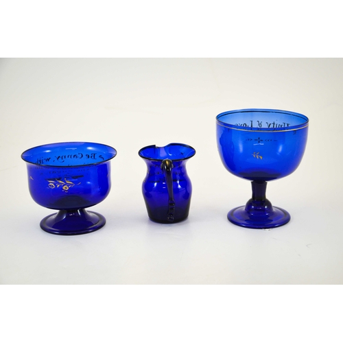 670 - George III Bristol blue glass tea vessels, circa 1790, including jug and two pedestal bowls, with gi... 