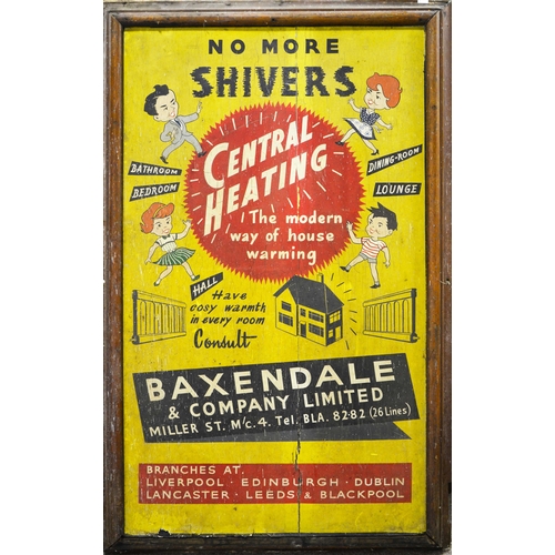 752 - A mid-20th century wooden framed poster board, with painted advertisement for Central Heating by Bax... 