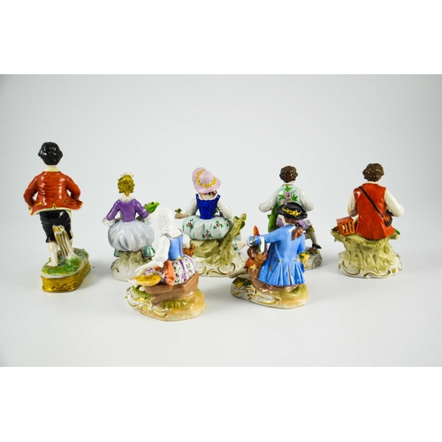 966 - A group of seven Dresden porcelain figures, 20th century, tallest 16cm high (7)